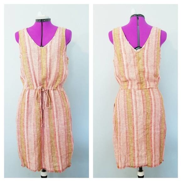 Drew Dress Small Red Nat Dobby Stripe Linen Blend - Picture 1 of 6